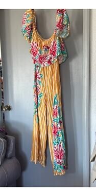 Flying Tomato Off the Shoulder Short Sleeve Gold Floral One Piece Jumpsuit sz S